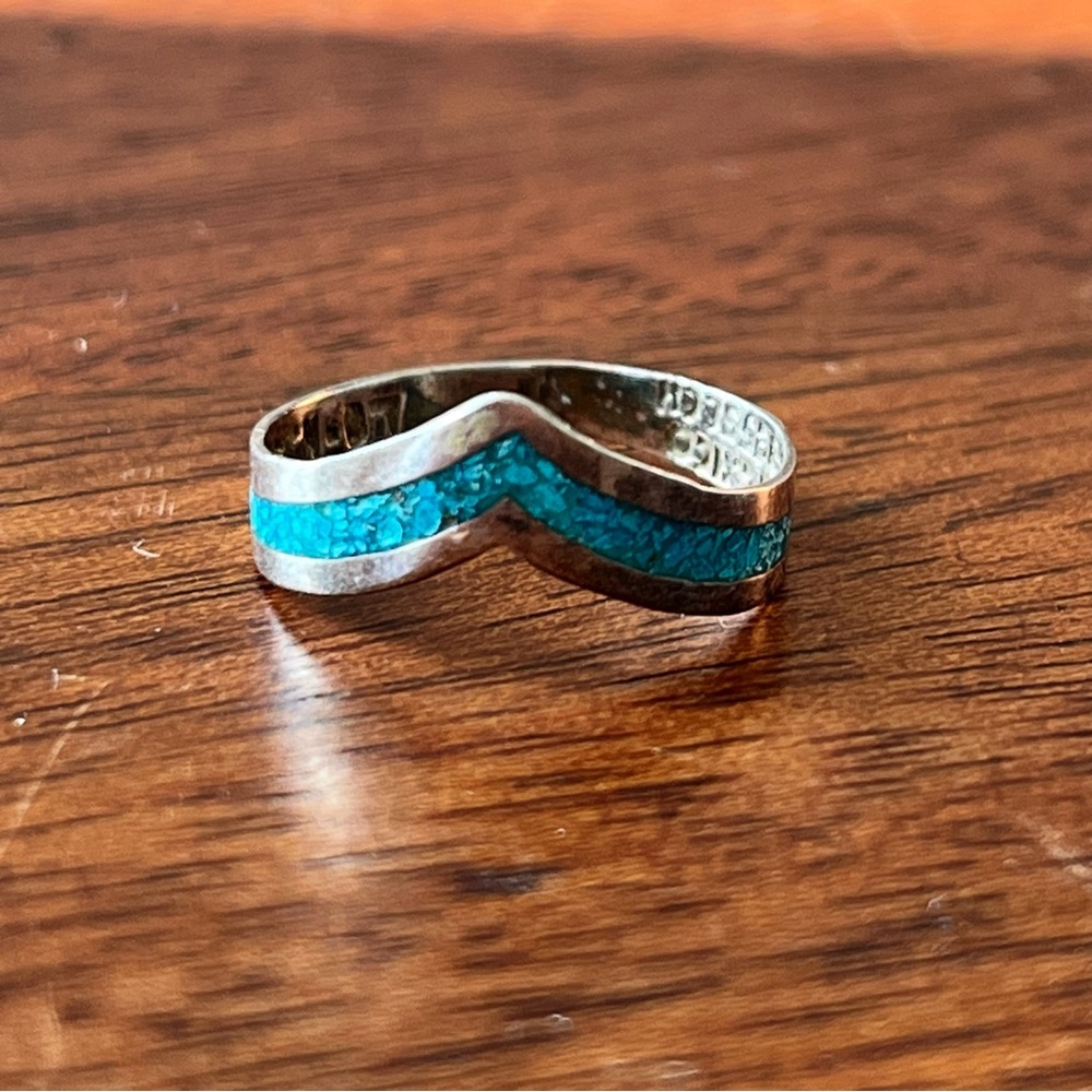 VINTAGE 925 Sterling Mexico TCN-07 and Turquoise Chevron Ring 6.5 - Picture 8 of 8